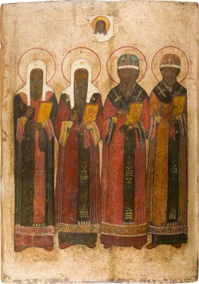 Auction 156<br>MONUMENTALE IKONE MIT DEN VIER METROPOLITEN VON MOSKAU - FÜRSPRECHER FÜR GANZ RUSSLAND