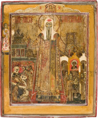Auction 156<br>SEHR FEINE IKONE MIT DEM HEILIGEN ALEXIUS, METROPOLIT VON MOSKAU MIT SZENEN SEINER VITA