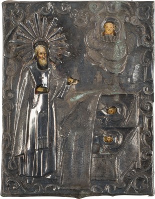 Picture KLEINE IKONE MIT DEM HEILIGEN SERGEJ VON RADONESCH AM GRAB SEINER ELTERN MIT SILBER-OKLAD