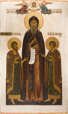 Auktion 156<br>MONUMENTALE IKONE MIT DEM HEILIGEN FEODOR VON JAROSLAWL MIT SEINEN SÖHNEN KONSTANTIN UND DAVID AUS EINER KIRCHEN-IKONOSTASE