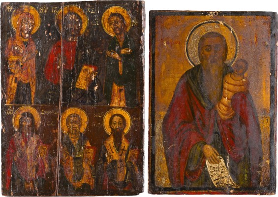 Auction 156<br>ZWEI IKONEN: ZWEIFELDER-IKONE MIT DEESIS UND DREI HEILIGEN UND HEILIGER STYLIANOS