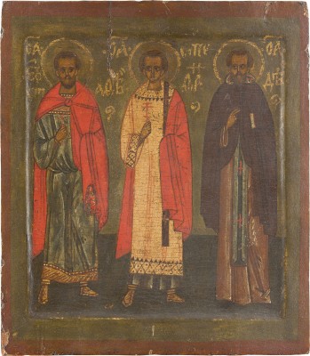 Auction 156<br>SEHR FEINE IKONE MIT DEN HEILIGEN EUSTATHIOS, STEPHANUS UND EINEM MÖNCHSHEILIGEN