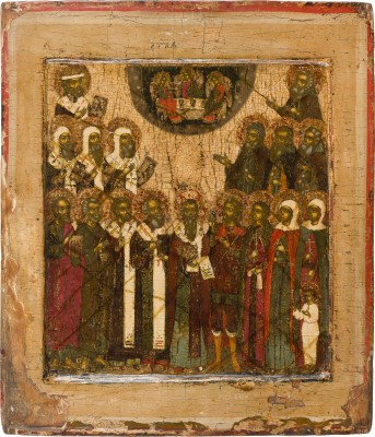 Auktion 156<br>FEINE PATRONATSIKONE MIT DER ALTTESTAMENTLICHEN DREIFALTIGKEIT UND FAMILIENHEILIGEN EINES MOSKAUER BOJAREN