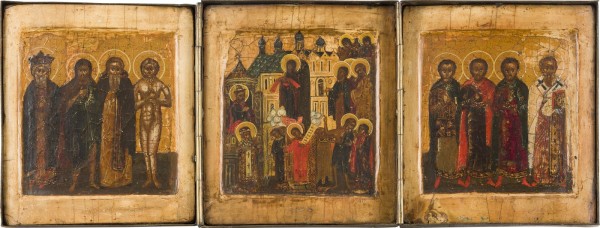 Auction 156<br>FEINES TRIPTYCHON MIT DER GOTTESMUTTER POKROW FLANKIERT VON ACHT AUSGEWÄHLTEN HEILIGEN