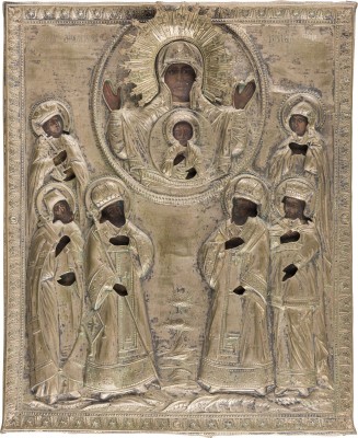 Bild GROSSE IKONE MIT DER GOTTESMUTTER DES ZEICHENS (ZNAMENIE) UND SECHS AUSGEWÄHLTEN HEILIGEN MIT OKLAD