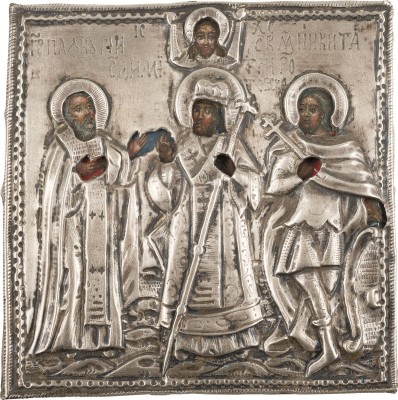 Bild KLEINE IKONE MIT DEN HEILIGEN PAFNUTIJ, DMITRIJ VON ROSTOW UND NIKITA MIT SILBER-OKLAD