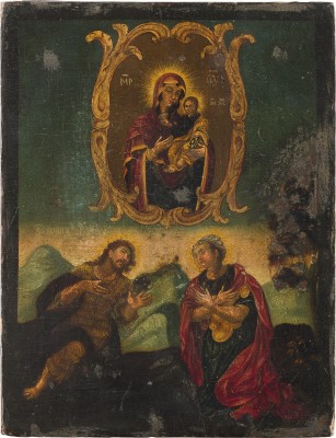 Picture KLEINE IKONE MIT DER GOTTESMUTTER HODEGETRIA UND ZWEI HEILIGEN, DARUNTER DER HEILIGEN JOHANNES DER VORLÄUFER