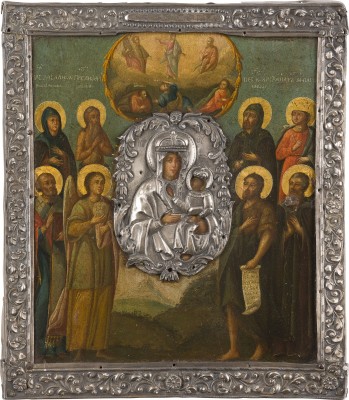 Picture KLEINE DATIERTE IKONE MIT DER GOTTESMUTTER 'DIE SCHNELL ERHÖRENDE' (SKOROPOSLUSNITSA) MIT DER VERKLÄRUNG UND ACHT PATRONATSHEILIGEN