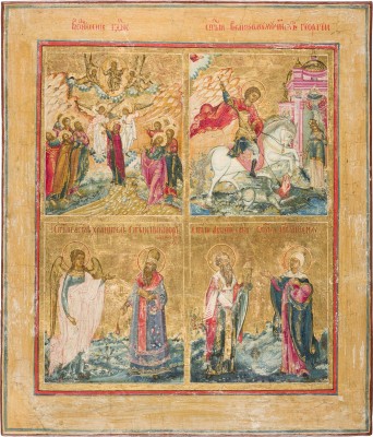 Picture FEINE VIERFELDER-IKONE MIT DER HIMMELFAHRT, DEM HEILIGEN GEORG DEM DRACHENTÖTER UND AUSGEWÄHLTEN HEILIGEN