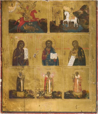 Bild MEHRFELDER-IKONE MIT DEESIS, DEM ERZENGEL MICHAEL, DEM HEILIGEN GEORG DEM DRACHENTÖTER UND DEN DREI HIERARCHEN