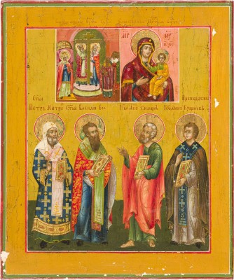 Bild IKONE MIT VIER AUSGEWÄHLTEN HEILIGEN, DER ERHÖHUNG DES WAHREN KREUZES UND DER GOTTESMUTTER VON SMOLENSK