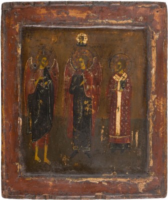 Auction 156<br>PATRONATSIKONE MIT DEN HEILIGEN JOHANNES DEM VORLÄUFER, DEM ERZENGEL MICHAEL UND JOHANNES CHRYSOSTOMUS UND BRONZEIKONE MIT DEN DREI HIERARCHEN