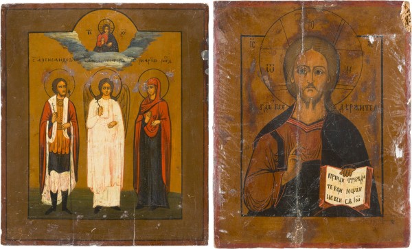 Auction 156<br>ZWEI IKONEN: CHRISTUS PANTOKRATOR UND DER SCHUTZENGEL FLANKIERT VON DEN HEILIGEN ALEXANDER NEWSKI UND MARIA MAGDALENA