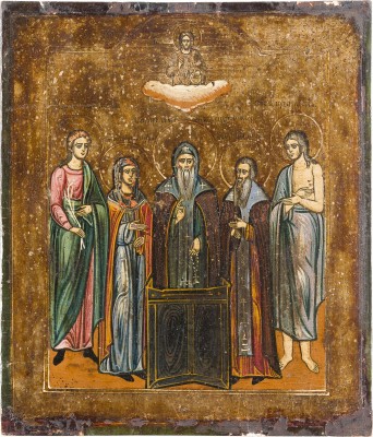 Picture IKONE MIT DEM HEILIGEN SIMEON STYLITES FLNAKIERT VON VIER HEILIGEN