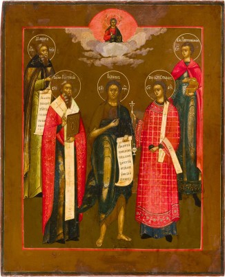 Bild GROSSFORMATIGE IKONE MIT DEM HEILIGEN JOHANNES DEM VORLÄUFER FLANKIERT VON VIER HEILIGEN, DARUNTER STEPHANUS UND PANTELEIMON
