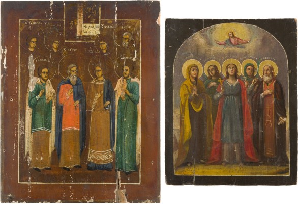 Auktion 156<br>ZWEI PATRONATSIKONE MIT AUSGEWÄHLTEN HEILIGEN