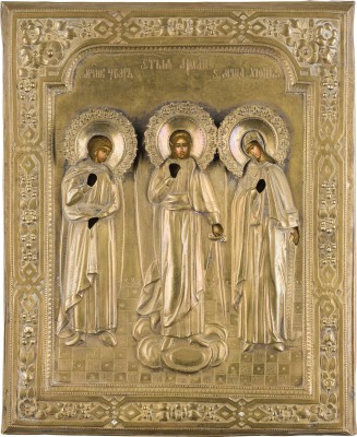 Bild IKONE MIT DEM SCHUTZENGEL FLANKIERT VON DEN HEILIGEN VARUS UND CHIONIA MIT OKLAD