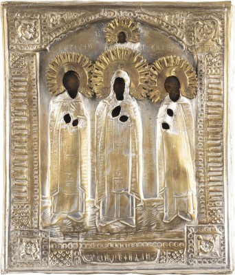 Picture IKONE MIT DEN HEILIGEN SERGEJ VON RADONESCH, NIPHONT UND KIRILL MIT OKLAD