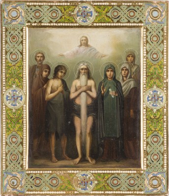 Picture SEHR FEINE PATRONATSIKONE MIT SIEBEN FAMILIEN-HEILIGEN: ALEXANDER NEWSKI, KSENIA, JOHANNES, PETER VOM ATHOS, PARASKEWA, ANASTASIA UND EUDOKIA