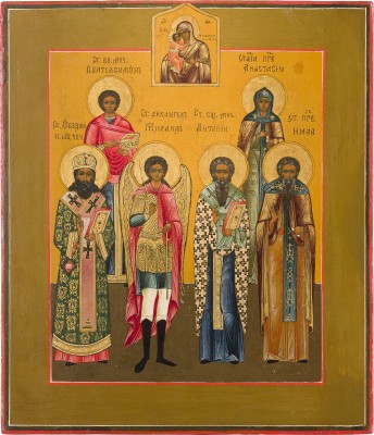 Picture FEINE PATRONATSIKONE MIT SECHS FAMILIENHEILIGEN, DARUNTER DER ERZENGEL MICHAEL, PANTELEIMON UND ANASTASIA