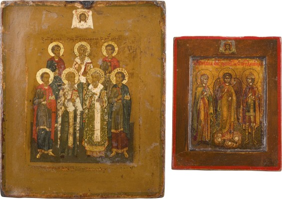 Bild ZWEI MINIATUR-IKONEN: SCHUTZENGEL FLANKIERT VON DEN HEILIGEN TATIANA UND DANIEL SOWIE SIEBEN FAMILIENHEILIGE