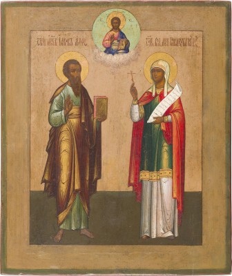 Auction 156<br>GESCHENK ZUM 40. HOCHZEITSTAG: FEINE IKONE MIT DEM APOSTEL JAKOBUS UND DER HEILIGEN PARASKEWA