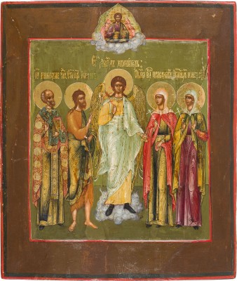 Picture IKONE MIT DEM SCHUTZENGEL FLANKIERT VON DEN HEILIGEN NIKOLAUS VON MYRA, JOHANNES DEM VORLÄUFER, PARASKEWA UND NASTASIA