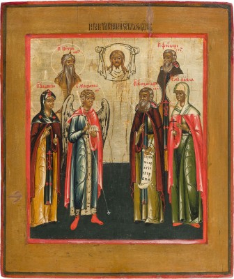 Bild IKONE MIT DEM MANDYLION UND SECHS FAMILIEN-HEILIGEN