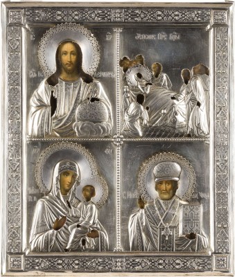 Auction 156<br>VIERFELDER-IKONE MIT CHRISTUS PANTOKRATOR, DEM ENTSCHLAFEN DER GOTTESMUTTER, DER GOTTESMUTTER VON TICHWIN UND DEM HEILIGEN NIKOLAUS VON MYRA MIT VERMEIL-OKLAD