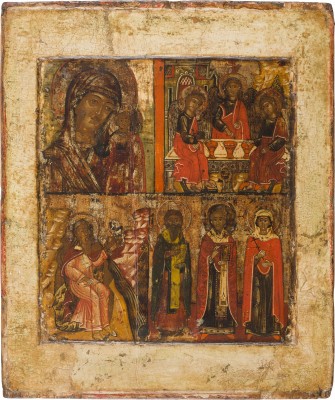 Picture FEINE VIERFELDER-IKONE MIT DER GOTTESMUTTER VON KASAN, DER ALTTESTAMENTLICHEN DREIFALTIGKEIT, DEM PROPHETEN ELIAS UND DREI HEILIGEN