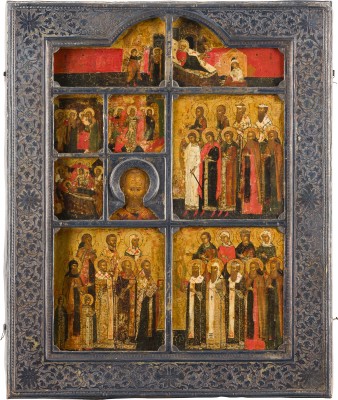 Auction 156<br>SEHR FEINE MEHRFELDER-IKONE MIT DER VERKÜNDIGUNG, DER GEBURT DER GOTTESMUTTER, HOCHFESTEN UND AUSGEWÄHLTEN HEILIGEN MIT SILBER-BASMA