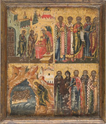 Picture KLEINFORMATIGE VIERFELDER-IKONE MIT DEM TEMPELGANG DER GOTTESMUTTER, DER TAUFE DER VIELEN UND HEILIGEN