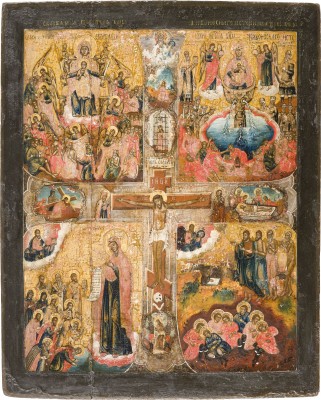 Auction 156<br>GROSSFORMATIGE UND SELTENE VIERFELDER-IKONE MIT DER GOTTESMUTTER 'FREUDE ALLER LEIDENDEN', DER GOTTESMUTTER 'LEBENSSPENDENDER QUELL', DER GOTTESMUTTER BOGOLUBSKAJA UND DEN SIEBEN SCHLÄFERN VON EPHESOS