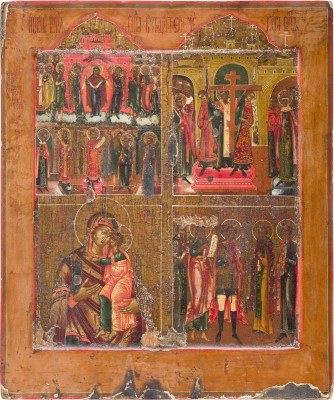 Bild GROSSFORMATIGE VIERFELDER-IKONE MIT GNADENBILDERN DER GOTTESMUTTER, DER ERHÖHUNG DES WAHREN KREUZES UND HEILIGEN