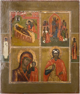 Bild VIERFELDER-IKONE MIT GNADENBILDERN DER GOTTESMUTTER UND DEN HEILIGEN JOHANNES OGORODNIK UND NIKITA
