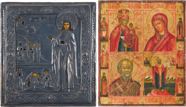 Auktion 156<br>ZWEI IKONEN: VIERFELDER-IKONE MIT GNADENBILDERN DER GOTTESMUTTER UND DEM HEILIGEN NIKOLAUS SOWIE DIE HEILIGE KATHARINA MIT SILBER-OKLAD
