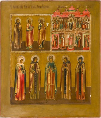 Picture GROSSFORMATIGE DREIFELDER-IKONE MIT AUSGEWÄHLTEN HEILIGEN UND DEM SCHLEIERWUNDER DER GOTTESMUTTER (POKROW)