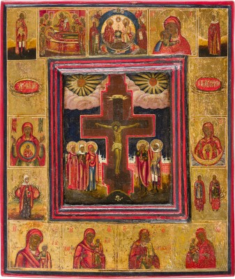 Bild GROSSE IKONE MIT DER KREUZIGUNG CHRISTI, GNADENBILDERN DER GOTTESMUTTER UND AUSGEWÄHLTEN HEILIGEN