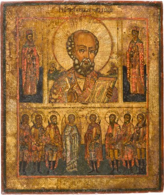 Bild VIERFELDER-IKONE MIT DEM HEILIGEN NIKOLAUS VON MYRA FLANKIERT VON DEN HEILIGEN BORIS UND GLEB AUS PATRONATSHEILIGEN