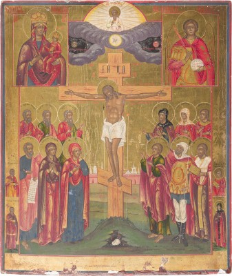 Auktion 156<br>DATIERTE UND SIGNIERTE, GROSSFORMATIGE IKONE MIT DER KREUZIGUNG CHRISTI, AUSGEWÄHLTEN HEILIGEN, DER GOTTESMUTTER UND DEM ERZENGEL MICHAEL