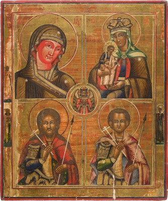 Picture GROSSFORMATIGE VIERFELDER-IKONE MIT GNADENBILDERN DER GOTTESMUTTER UND ZWEI KRIEGERHEILIGEN