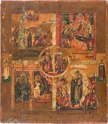 Bild GROSSE VIERFELDER-IKONE MIT HOCHFESTEN UND DER GOTTESMUTTER 'FREUDE ALLER LEIDENDEN'