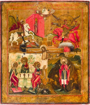 Picture SELTENE UND GROSSE VIERFELDER-IKONE MIT DEM HEILIGEN DANIEL IN DER LÖWENGRUBE