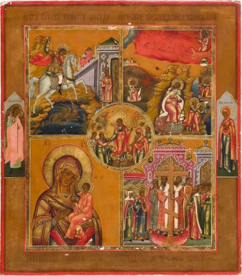 Picture VIERFELDER-IKONE MIT DEM HEILIGEN GEORG, DEM PROPHET ELIAS, DER GOTTESMUTTER VON TICHWIN UND DER ERHÖHUNG DES WAHREN KREUZES