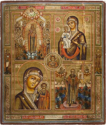 Picture GROSSFORMATIGE VIERFELDER-IKONE MIT CHRISTUS EMANUEL, GNADENBILDERN DER GOTTESMUTTER UND DEM HEILIGEN NIKOLAUS VON MOSCHAISK