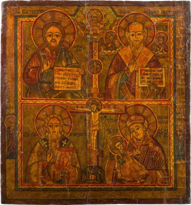 Picture GROSSE VIERFELDER-IKONE MIT DER KREUZIGUNG, CHRISTUS PANTOKRATOR, HEILIGEN UND DER GOTTESMUTTER 'LINDERE MEINEN KUMMER'