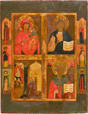 Bild GROSSFORMATIGE VIERFELDER-IKONE MIT DER GOTTESMUTTER SMOLENSKAJA, CHRISTUS PANTOKRATOR, DEM WUNDER DES ERZENGELS MICHAEL ZU CHONAE UND DEM HEILIGEN NIKOLAUS VON MYRA