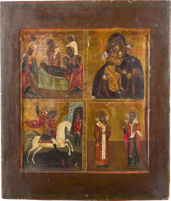 Picture VIERFELDER-IKONE MIT DEM ENTSCHLAFEN DER GOTTESMUTTER, DER GOTTESMUTTER FEODOROWSKAJA UND AUSGEWÄHLTEN HEILIGEN