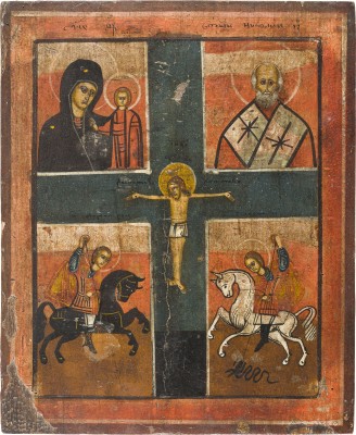 Auction 156<br>ZWEI VIERFELDER-IKONEN MIT DER KREUZIGUNG CHRISTI, DER GOTTESMUTTER VON KASAN UND HEILIGEN