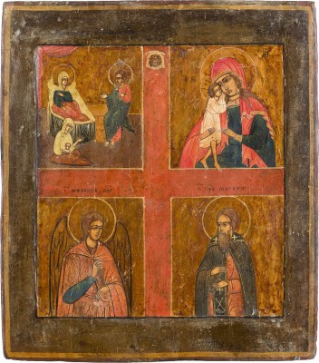 Picture VIERFELDER-IKONE MIT DER GEBURT DER GOTTESMUTTER, DER GOTTESMUTTER 'AUFFINDEN DER VERLORENEN' UND HEILIGEN